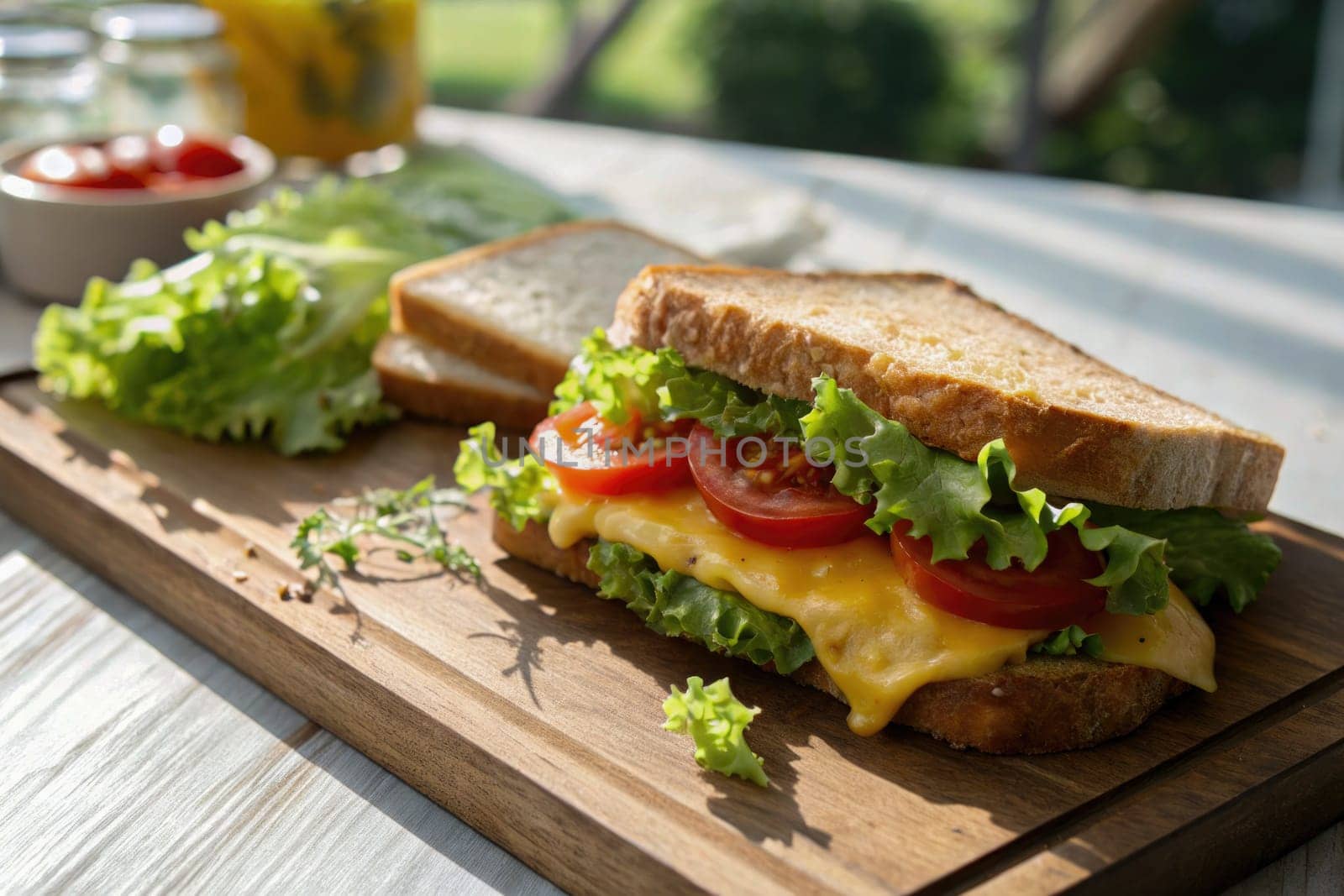 A delicious sandwich featuring melted cheese, fresh tomatoes, and crisp lettuce sits on a wooden cutting board. Bright daylight highlights the vibrant ingredients.
