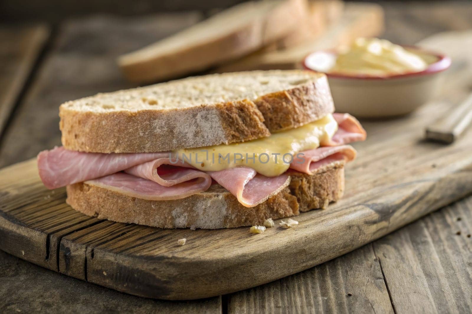 A mouthwatering sandwich features layers of ham and melted cheese nestled between slices of whole grain bread.