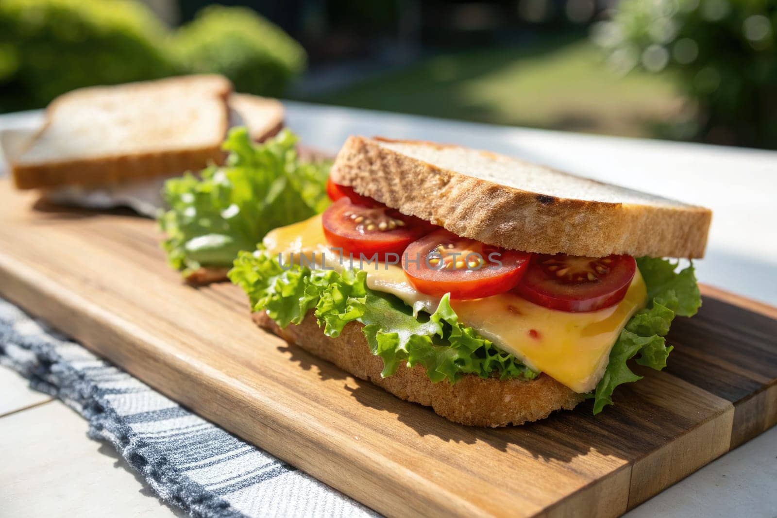 Freshly made sandwich stacked with melted cheese, crisp lettuce, and juicy tomatoes, placed on a wooden cutting board. Sunlight accents the vibrant colors of the ingredients.