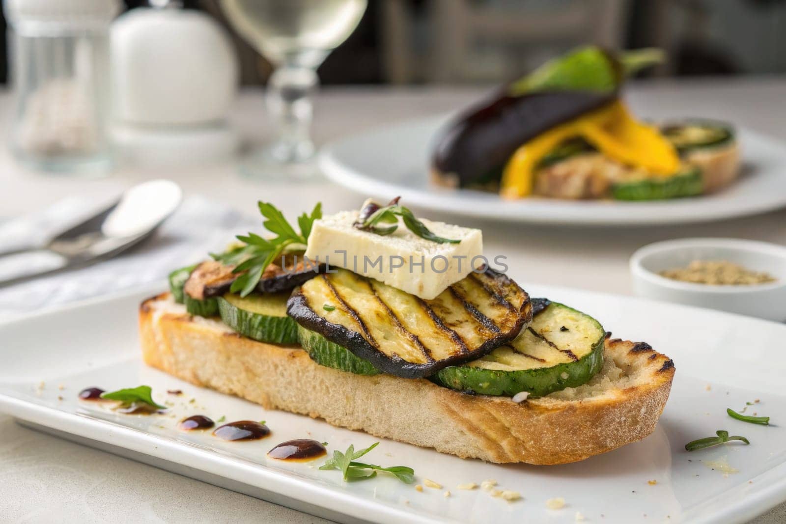 A vibrant grilled vegetable appetizer features zucchini and eggplant layered on crusty bread, topped with cheese and fresh herbs. The cozy dining atmosphere enhances the culinary experience.