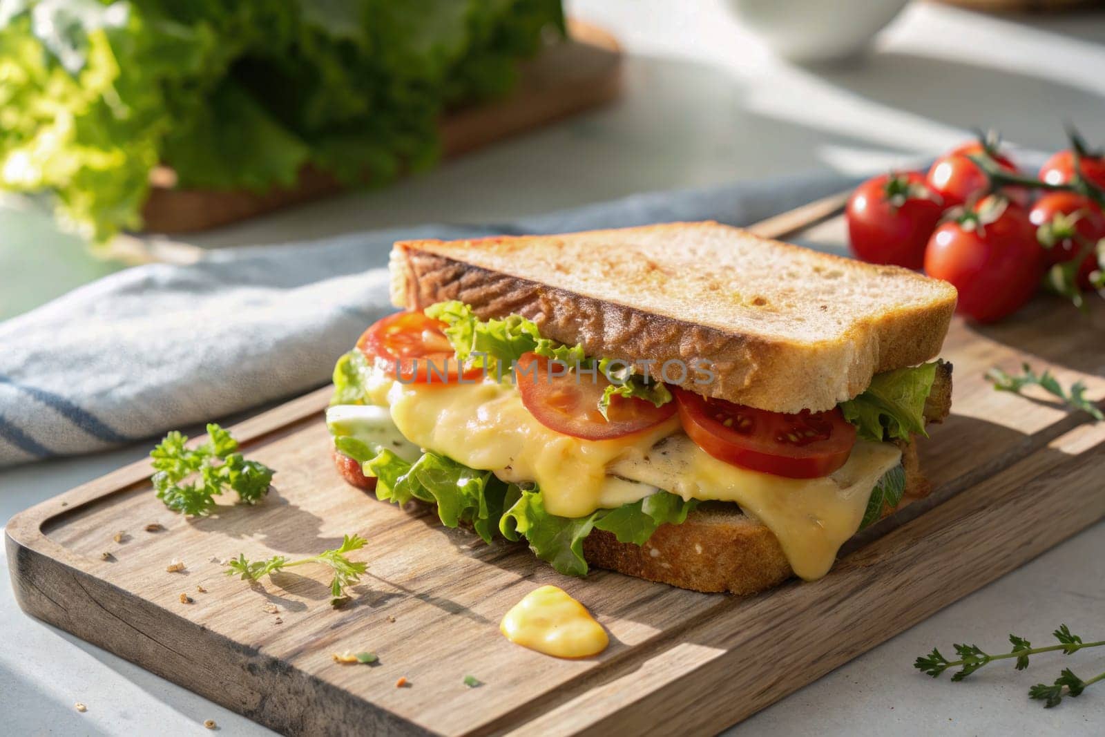 Delicious sandwich layered with cheese, lettuce, and tomatoes sits on a wooden cutting board. Bright kitchen light enhances the vibrant colors of the fresh ingredients and surrounding herbs.