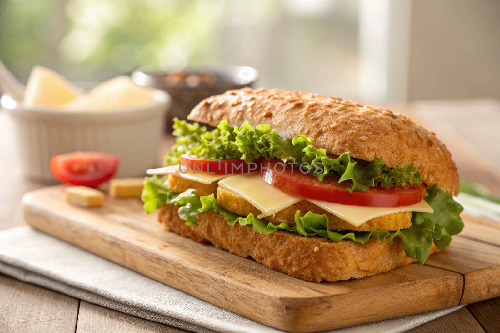 A fresh sandwich is displayed on a wooden cutting board, featuring layers of lettuce, tomato, and cheese. It is a bright kitchen setting with soft natural light.