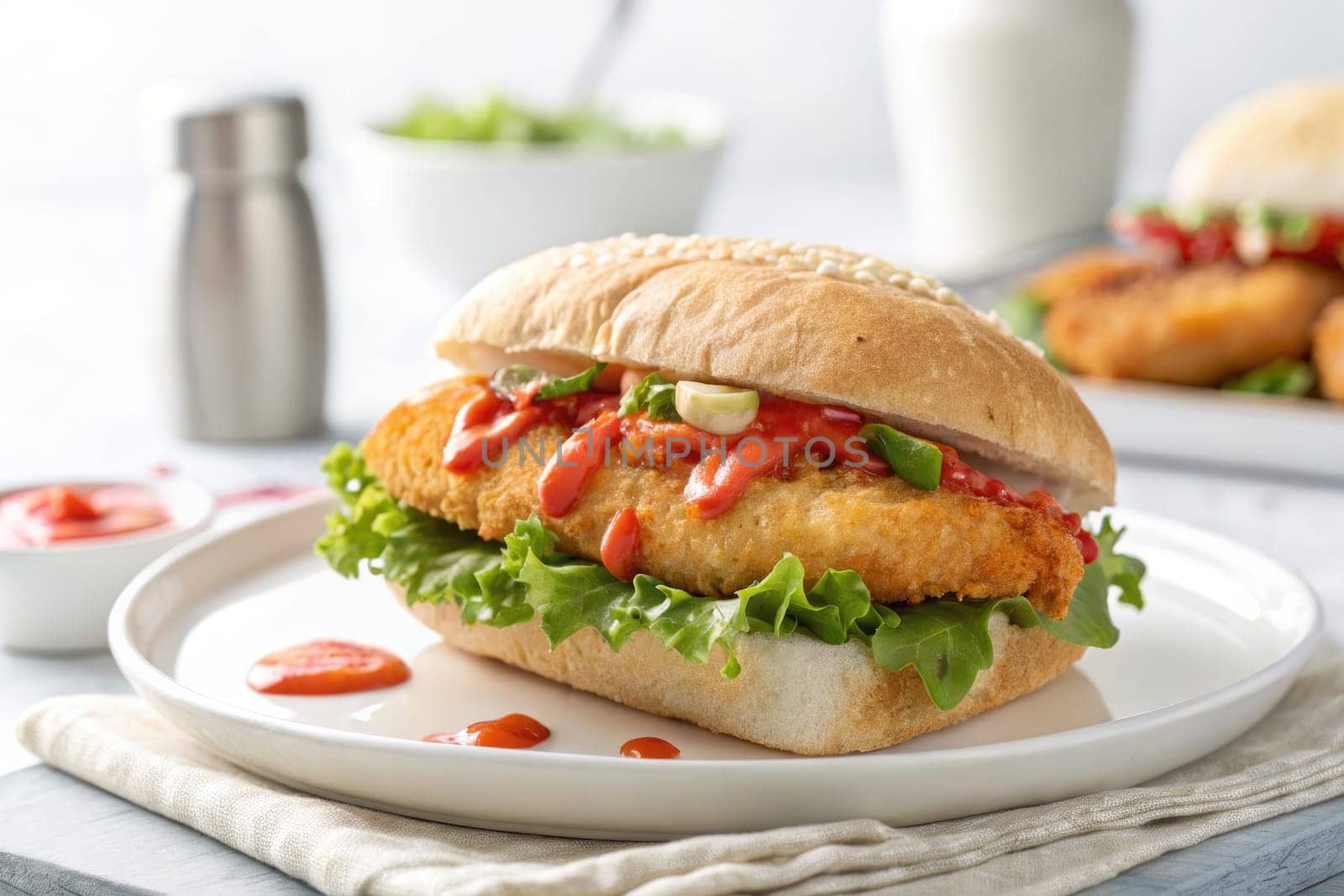 A sandwich featuring a crispy chicken fillet nestled in a sesame seed bun, topped with fresh lettuce and drizzled with ketchup. This appetizing dish is set on a clean white plate.