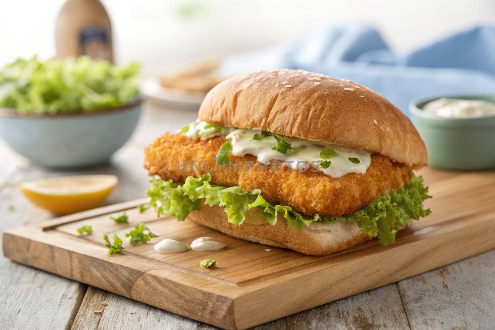A delicious crispy fish sandwich sits on a wooden board, topped with fresh greens and creamy sauce. The cheerful kitchen background adds a warm, inviting touch to the meal presentation.