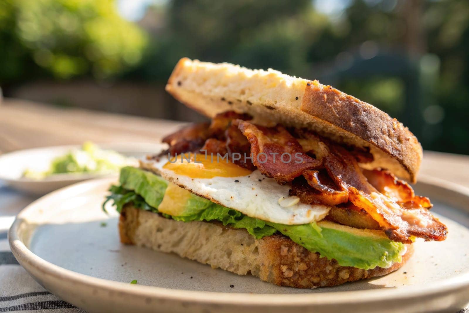 A freshly made breakfast sandwich features crispy bacon and a sunny-side-up egg layered on avocado and lettuce. It is placed on a plate outside, surrounded by greenery on a sunny morning.