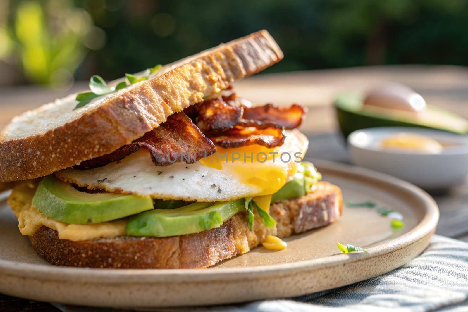 A hearty breakfast sandwich features perfectly fried eggs and crispy bacon layered between slices of whole grain bread. Fresh avocado adds creaminess, creating a satisfying morning meal.
