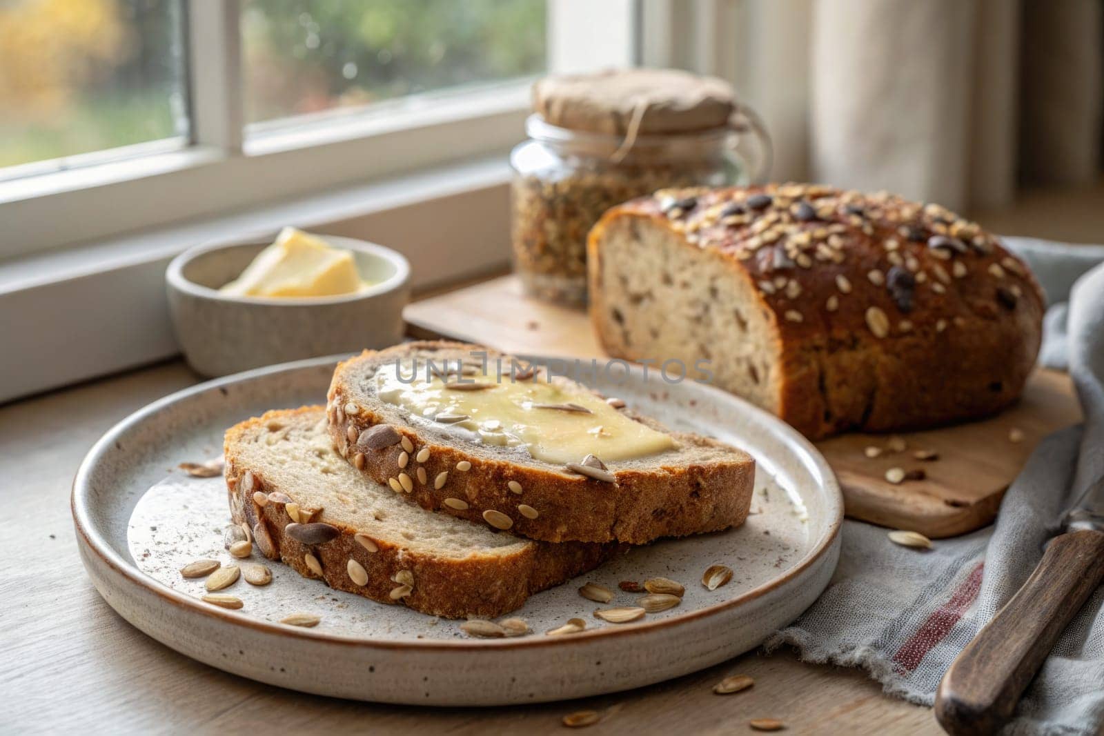 Slices of whole grain bread lie on a plate, topped with melting butter. A loaf of bread and a jar of seeds are nearby, creating a cozy kitchen atmosphere.