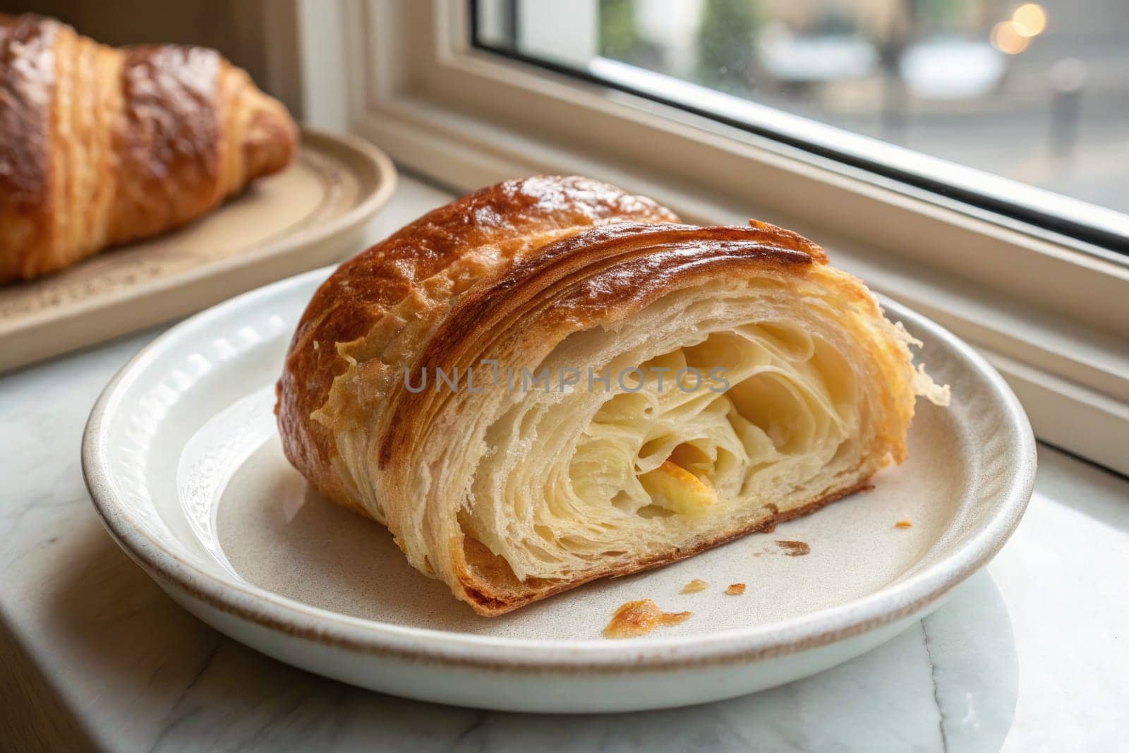 A perfectly baked croissant with golden layers sits on a white plate next to a window. The soft morning light illuminates the pastry, enhancing its texture and inviting appearance.