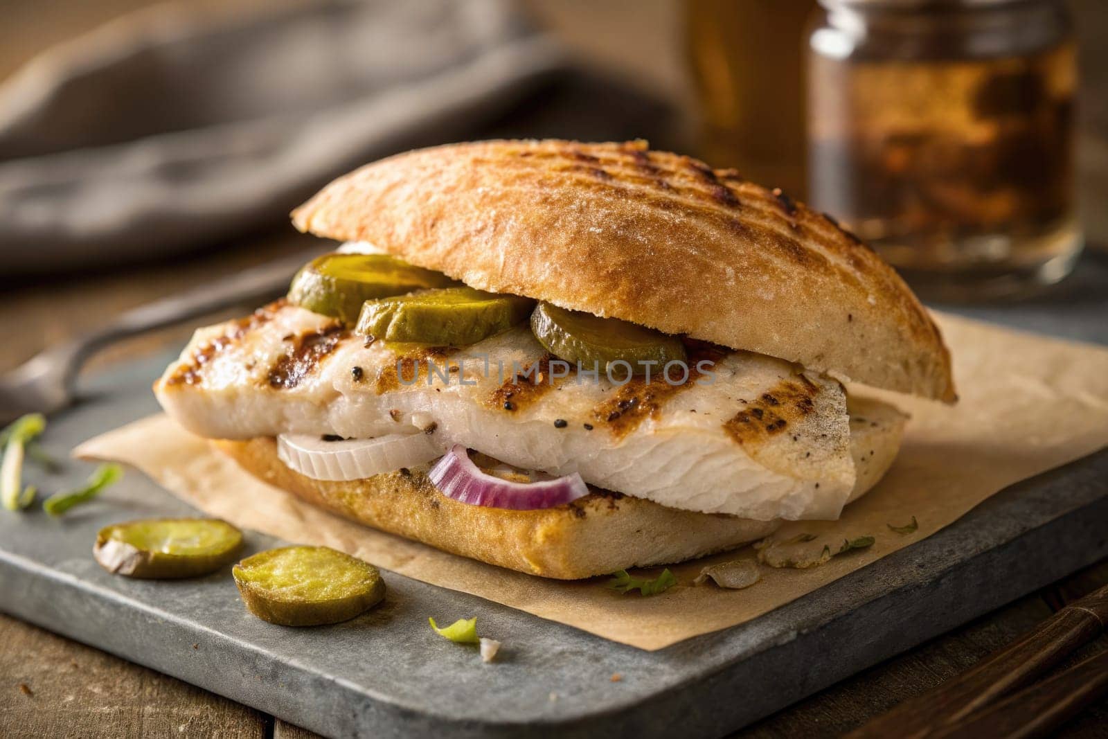 Juicy grilled fish fillet is nestled in a rustic bread roll, topped with crispy pickles and sliced onions. This delicious sandwich is perfect for a casual meal at a seaside restaurant.