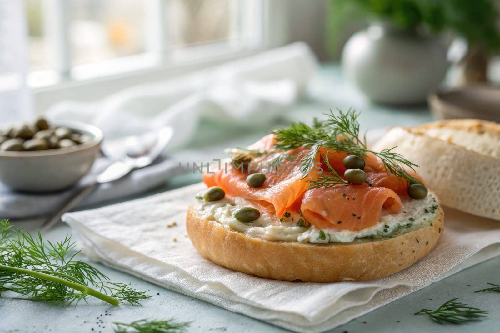 A delicious bagel lays on a linen cloth topped with creamy cheese, smoked salmon slices, capers, and fresh dill. This appetizing dish is enjoyed in a bright and inviting kitchen setting.