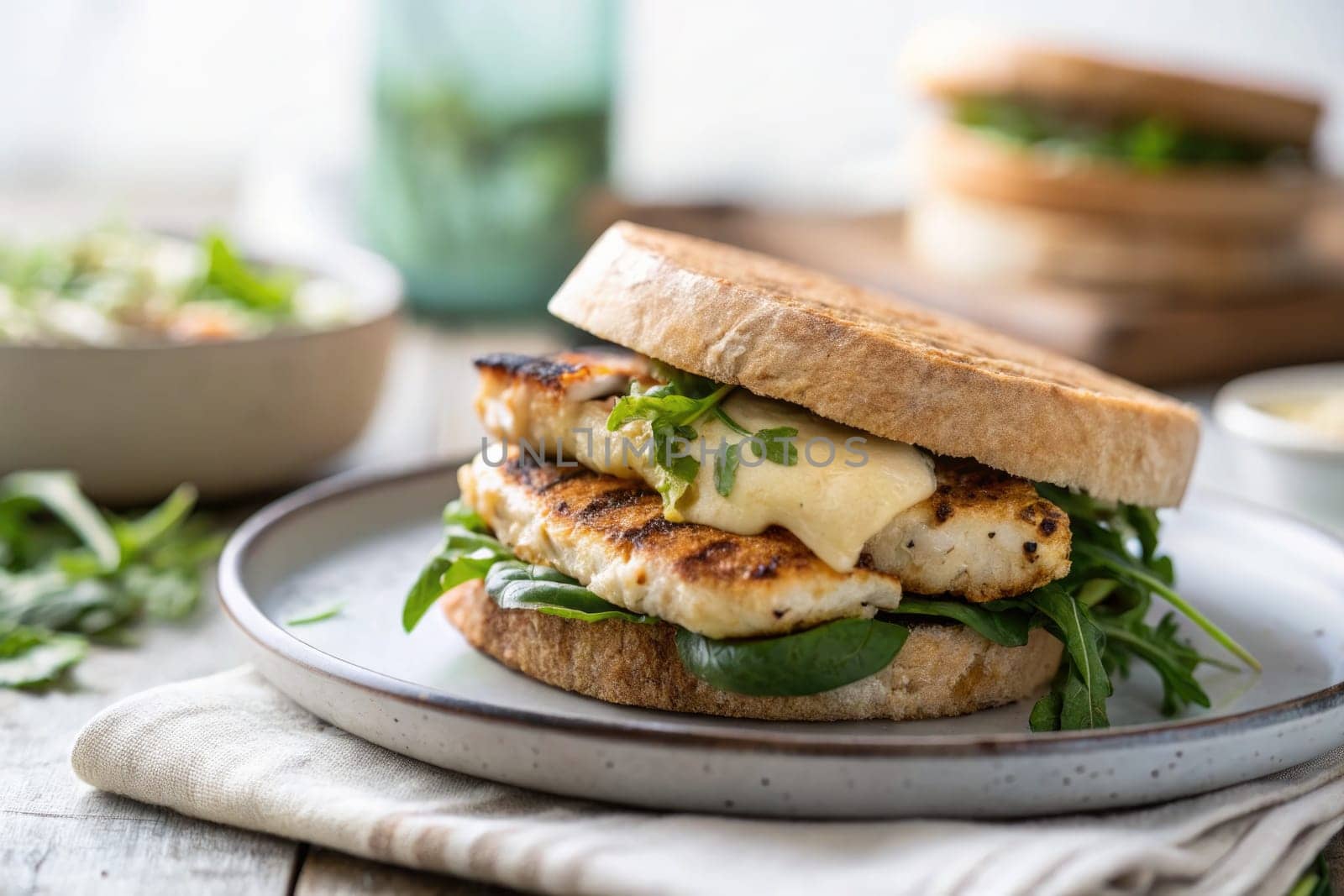 A delicious grilled fish sandwich features tender fish fillets topped with creamy sauce and fresh greens, all nestled in toasted whole grain bread. Perfect for a light lunch.