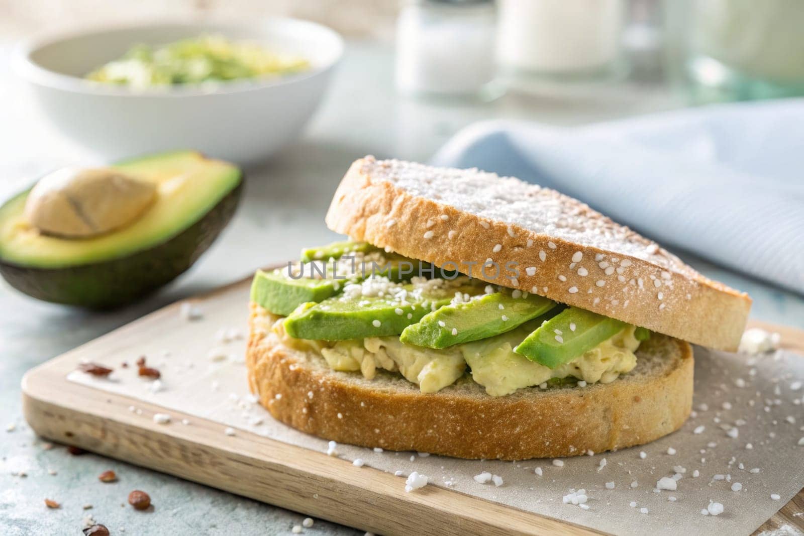 Freshly made sandwich features creamy avocado slices layered on soft bread with a light sprinkle of sea salt. A healthy meal perfect for breakfast or lunch, accompanied by a green salad.