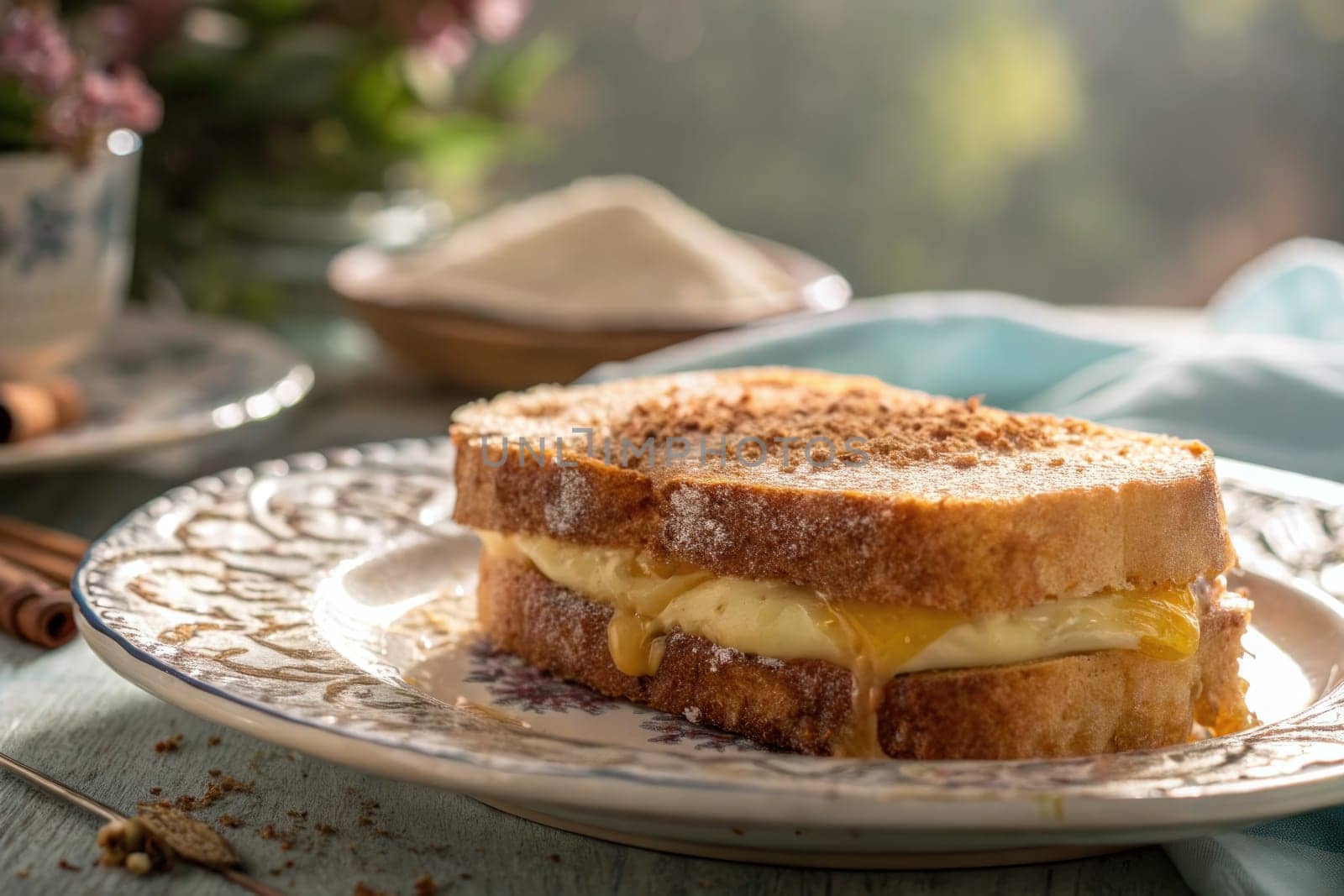 A sweet sandwich is presented on a decorative plate, showcasing fluffy bread filled with a creamy mixture.