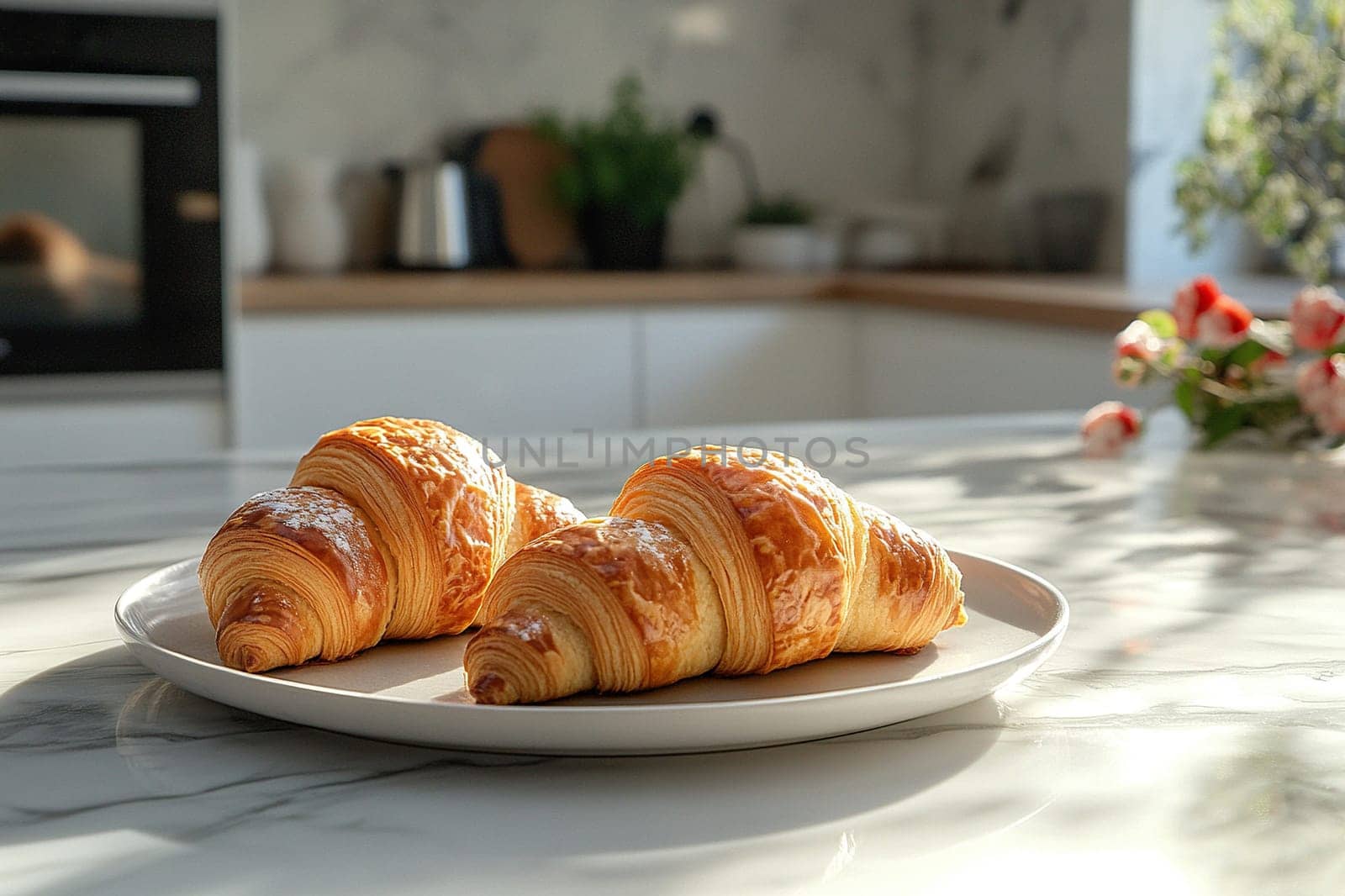 Delicious french croissants on a table in the modern kitchen in the morning sun