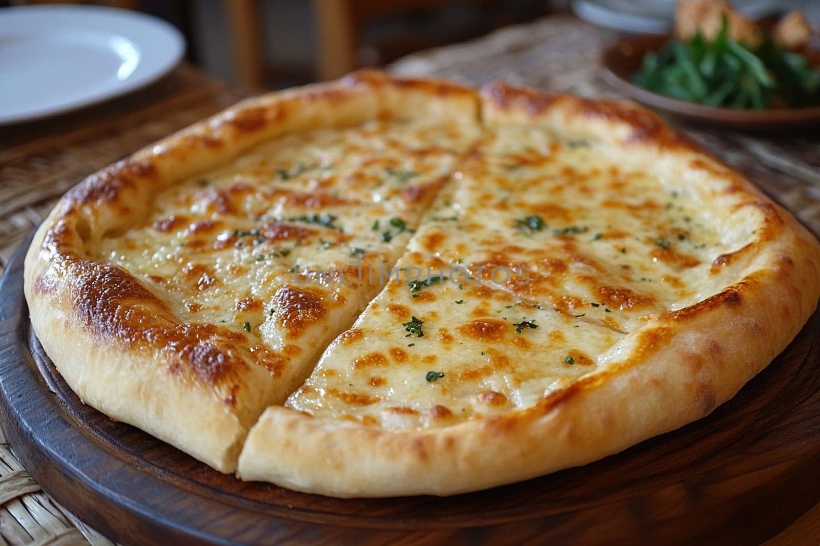 Appetizing freshly baked Georgian khachapuri on a wooden tray close-up. Georgian cuisine.