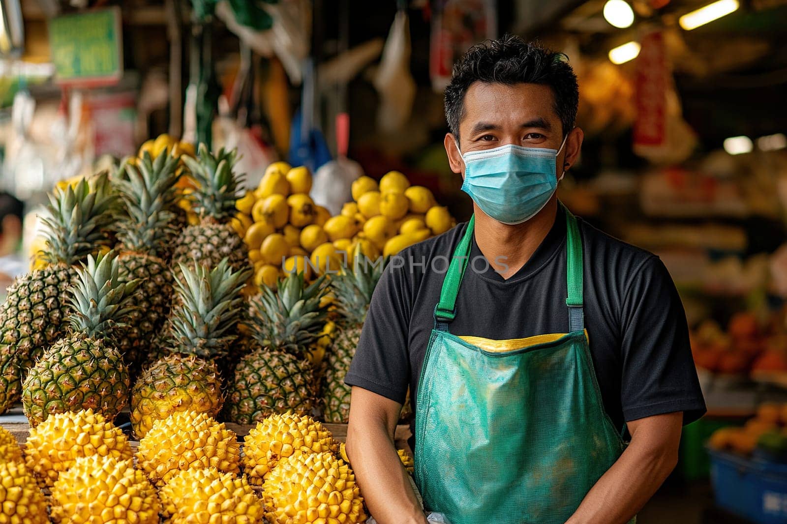 Asian fruit seller at market wearing medical mask. Eastern fruit market.
