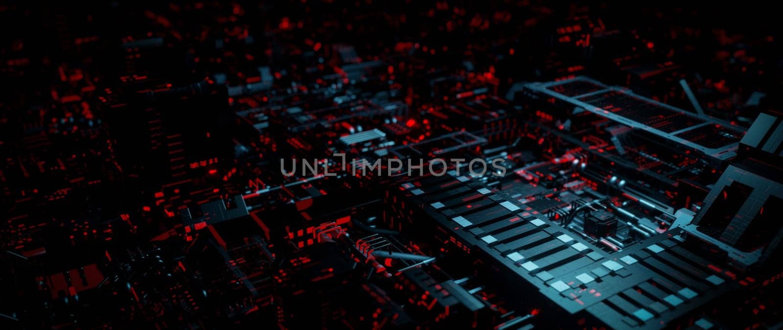 A close-up of intricate circuitry, with red and blue lights illuminating the complex network of wires and components. The image evokes a sense of technological advancement and futuristic design.