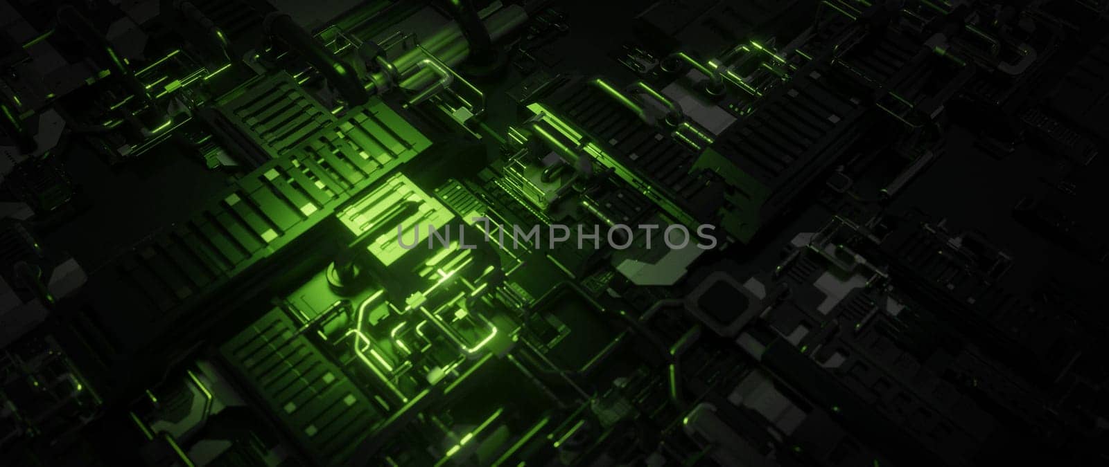 A close-up abstract image of glowing neon green circuitry, showcasing the intricate and complex design of a modern technological system.