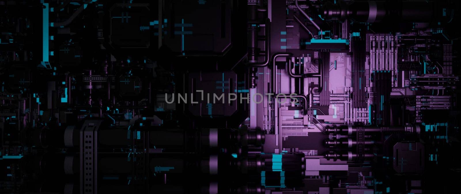 A futuristic cyberpunk cityscape with glowing neon lights. The image is an abstract representation of a technologically advanced urban environment, with complex circuitry, geometric shapes, and a dark, industrial aesthetic.