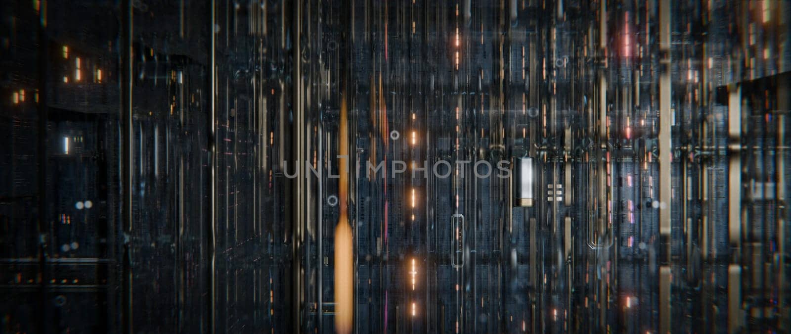 An abstract digital cityscape with glowing lights, featuring futuristic architecture, intricate circuitry, and a network of glowing lines. The dark background and metallic textures create a futuristic, cyberpunk aesthetic.