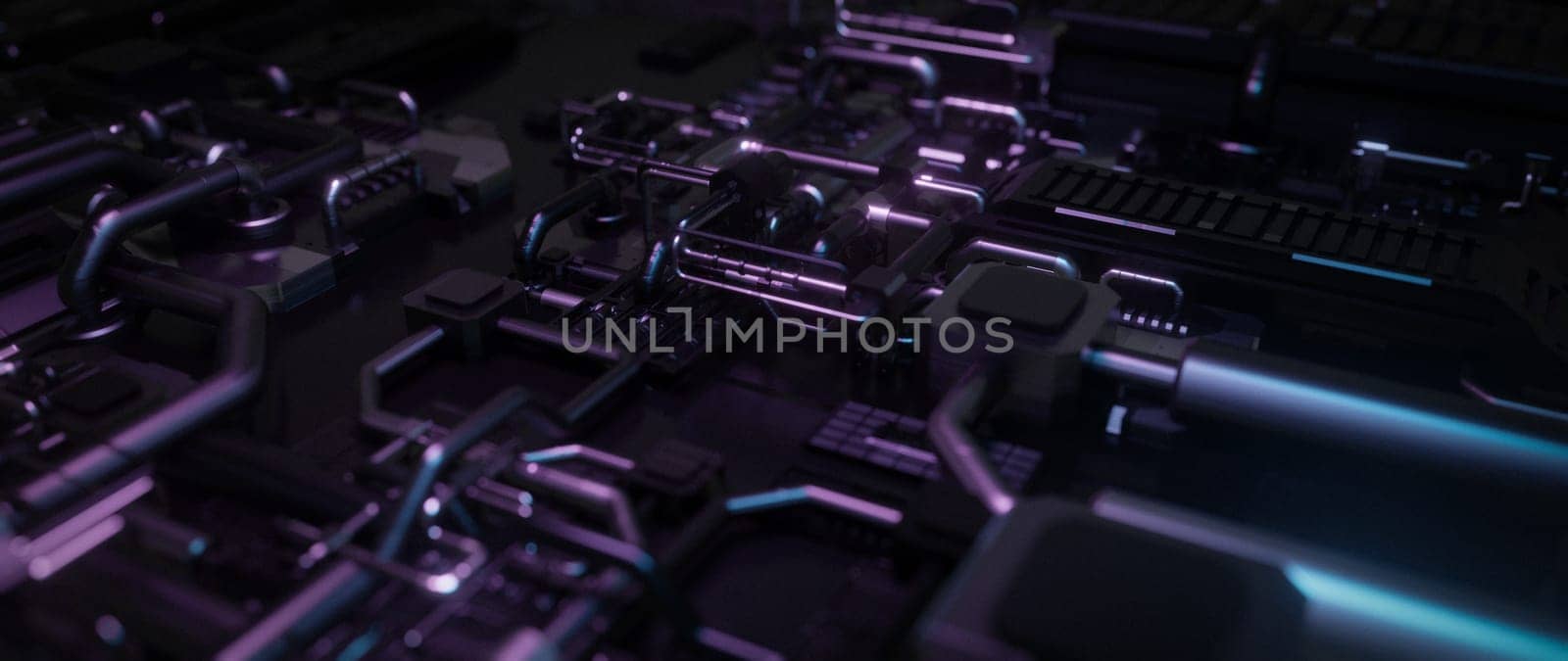 An abstract image of futuristic technology, showcasing intricate circuitry, metallic components and glowing lights, suggesting a complex and advanced technological system.