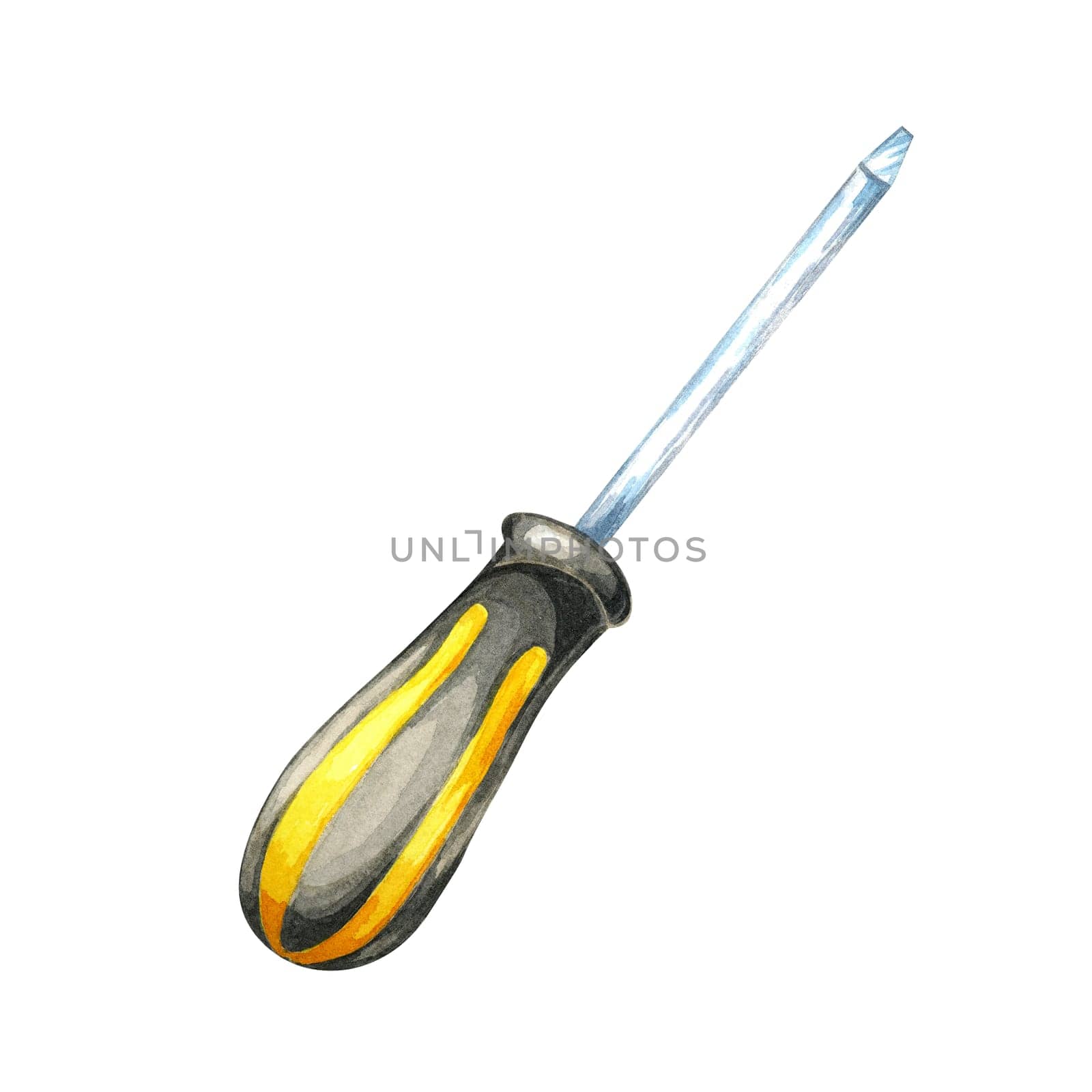 Screwdriver with a black and yellow rubber handle and a metallic tip. Watercolor clipart of the workshop tool, perfect for use in DIY project graphics, tool catalogs, and instructional guides