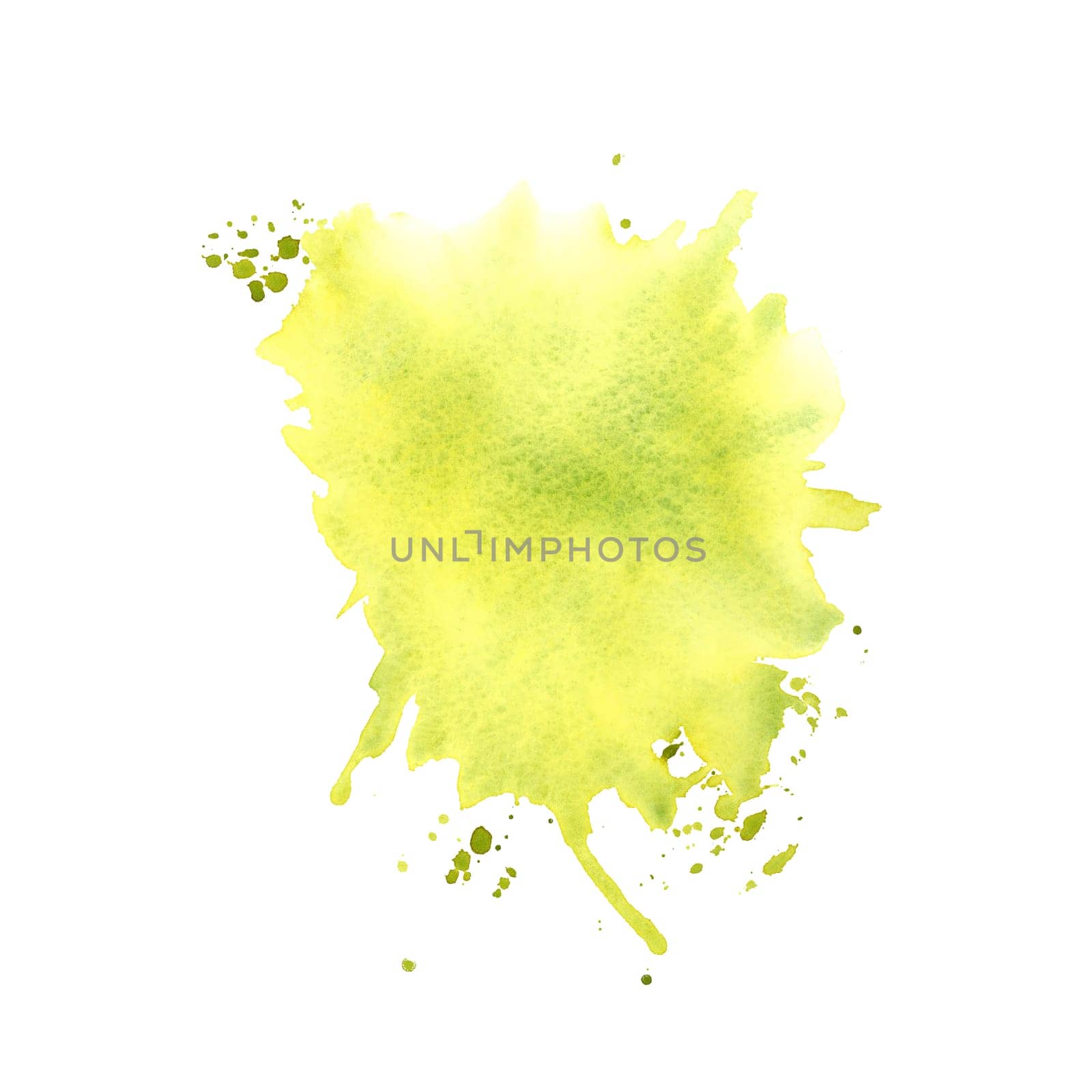 Watercolor splash backdrop template. Abstract stains texture design element in yellow green color. Refreshing hand painted ink spill background for invitation, save the date, wedding, postcard, quotes