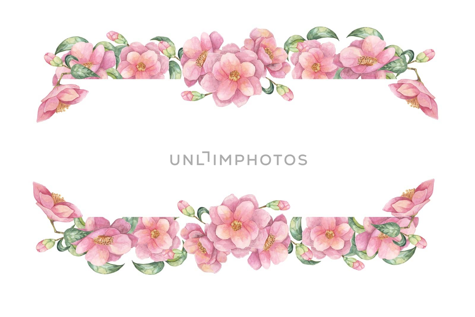 Camellia frame in a rectangular shape with pink blossoms and green foliage. Isolated Floral watercolor clipart for creating wedding invitations, stationery, birthday or save the date cards