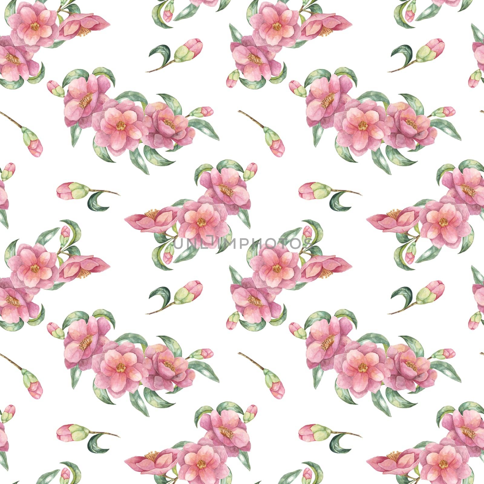 A seamless watercolor pattern featuring pink camellia flowers and green leaves. Camellia japonica botanical fabric design. Clipart perfect for creating stylish textiles, wallpaper