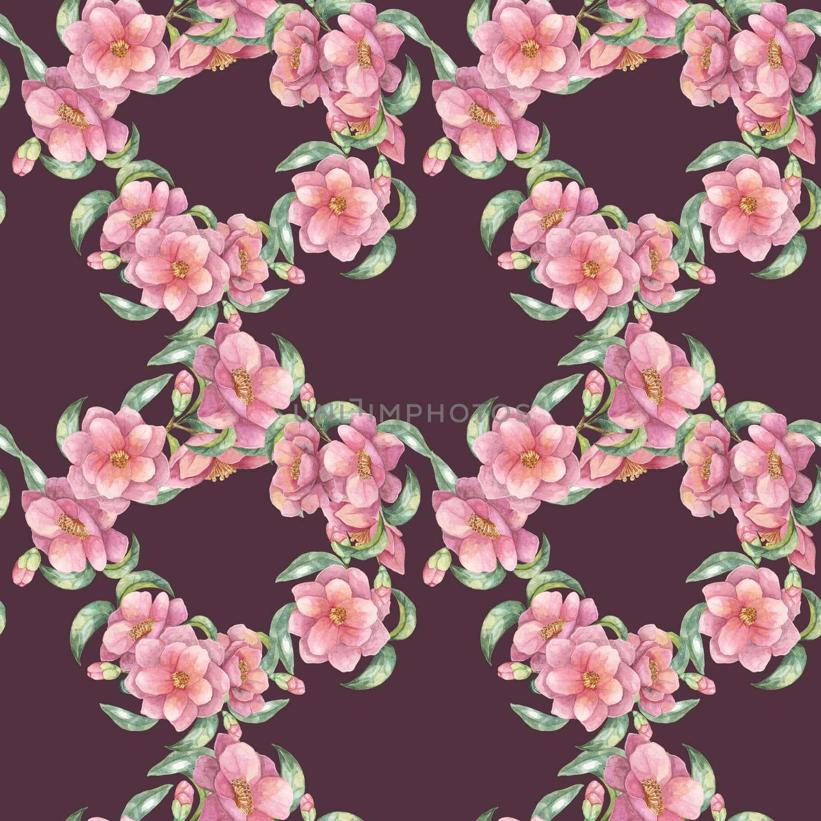 Seamless pattern of pink camellia flowers and green leaves on rich, burgundy background. Fabric floral decor. Watercolor clipart Ideal for textile design, wallpaper, curtains or elegant gift wrap