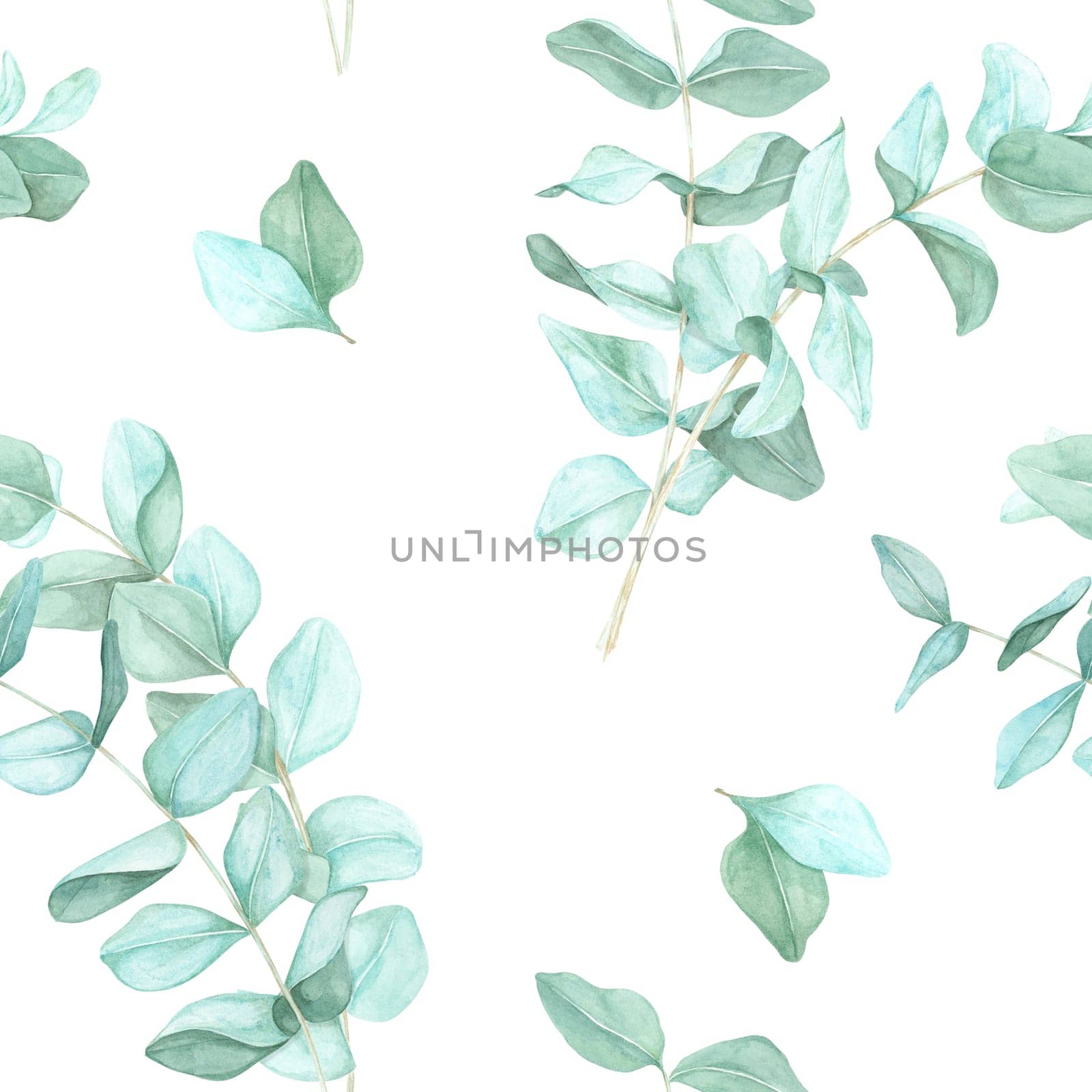 Scattered eucalyptus branches painted in watercolor shades of green. This versatile hand drawn seamless pattern is perfect for gift wrapping, fashion accessories, and stationery products