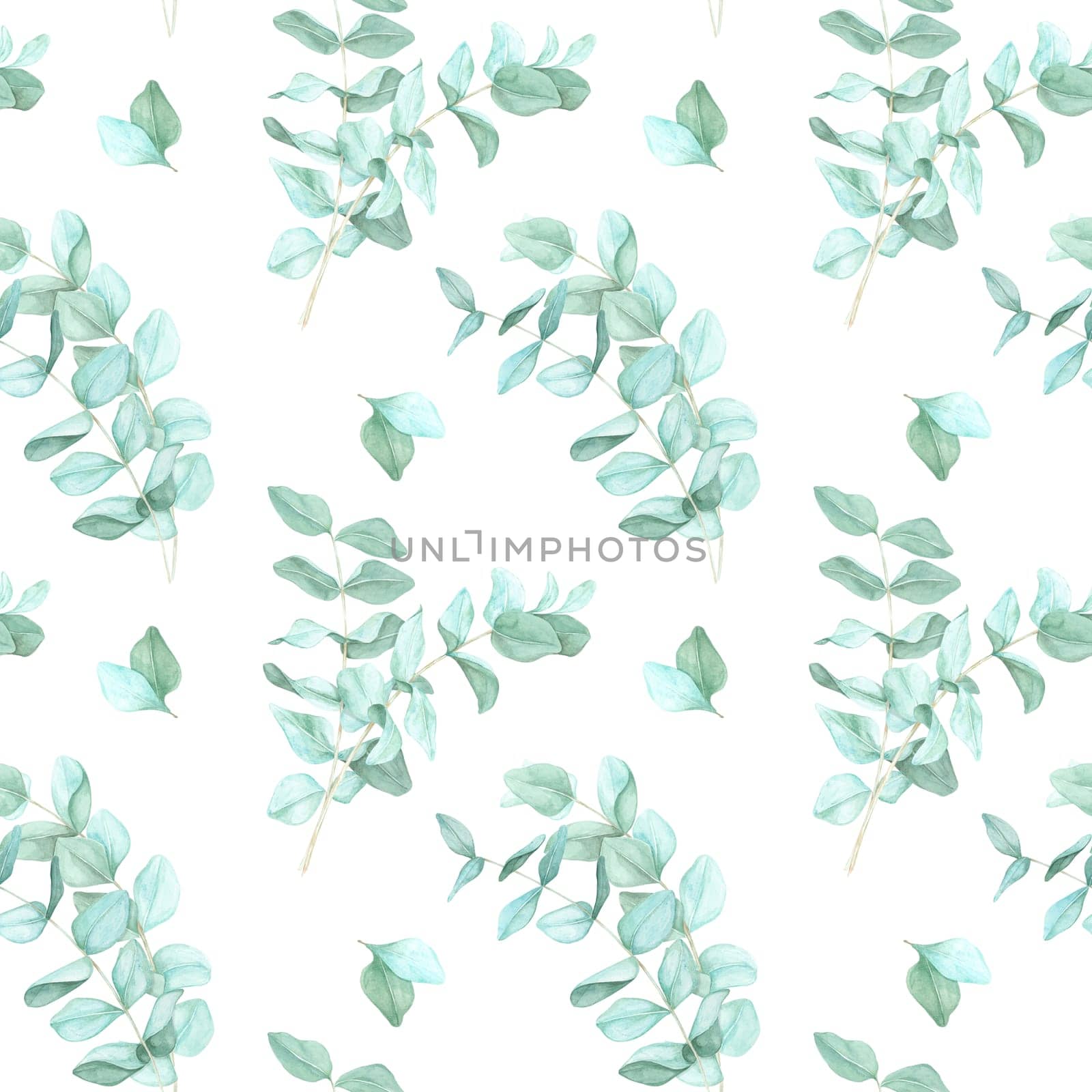 Eucalyptus branches with intricate green leaves arranged in a uniform watercolor seamless pattern. Clipart Perfect for custom fabric prints, decorative notebooks, and nature-inspired digital art