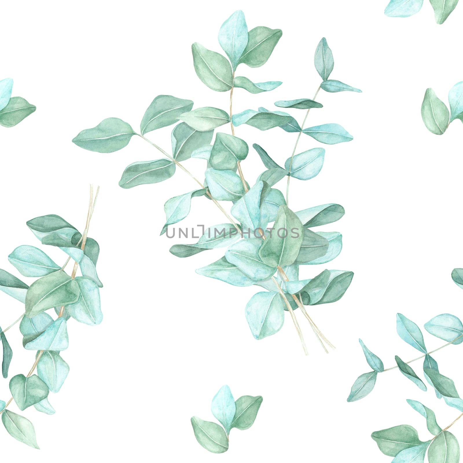 Single eucalyptus branches with light green leaves in a hand drawn watercolor illustration. This seamless pattern clipart works well for stationary products, packaging, and digital backgrounds