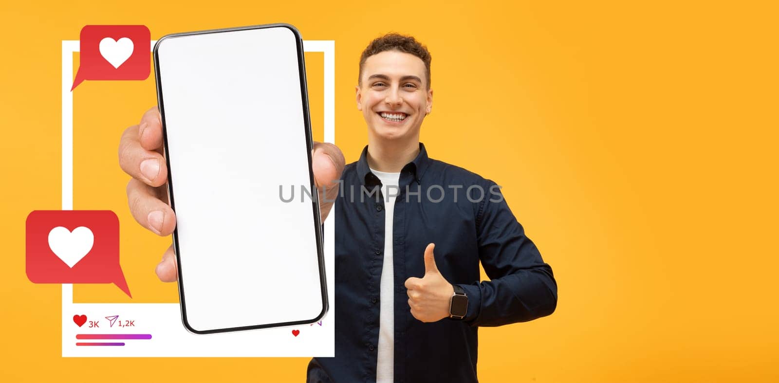 A cheerful influencer proudly displays a blank smartphone screen, ready for social media engagement. The bright background enhances the mood of online interaction and connection.