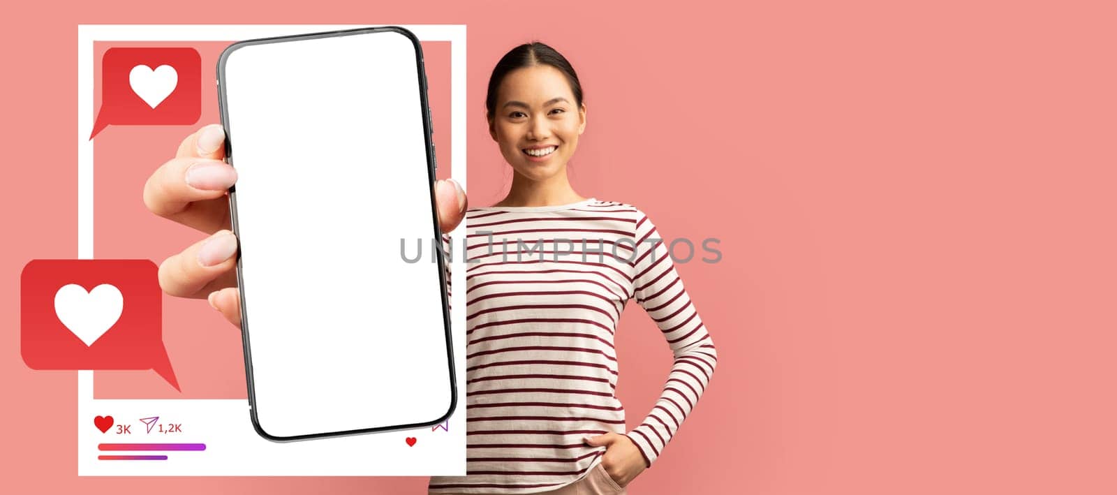 A smiling influencer holds a smartphone with a blank screen, ready to engage in social media activities. Speech bubbles with hearts indicate chatting and interaction online.