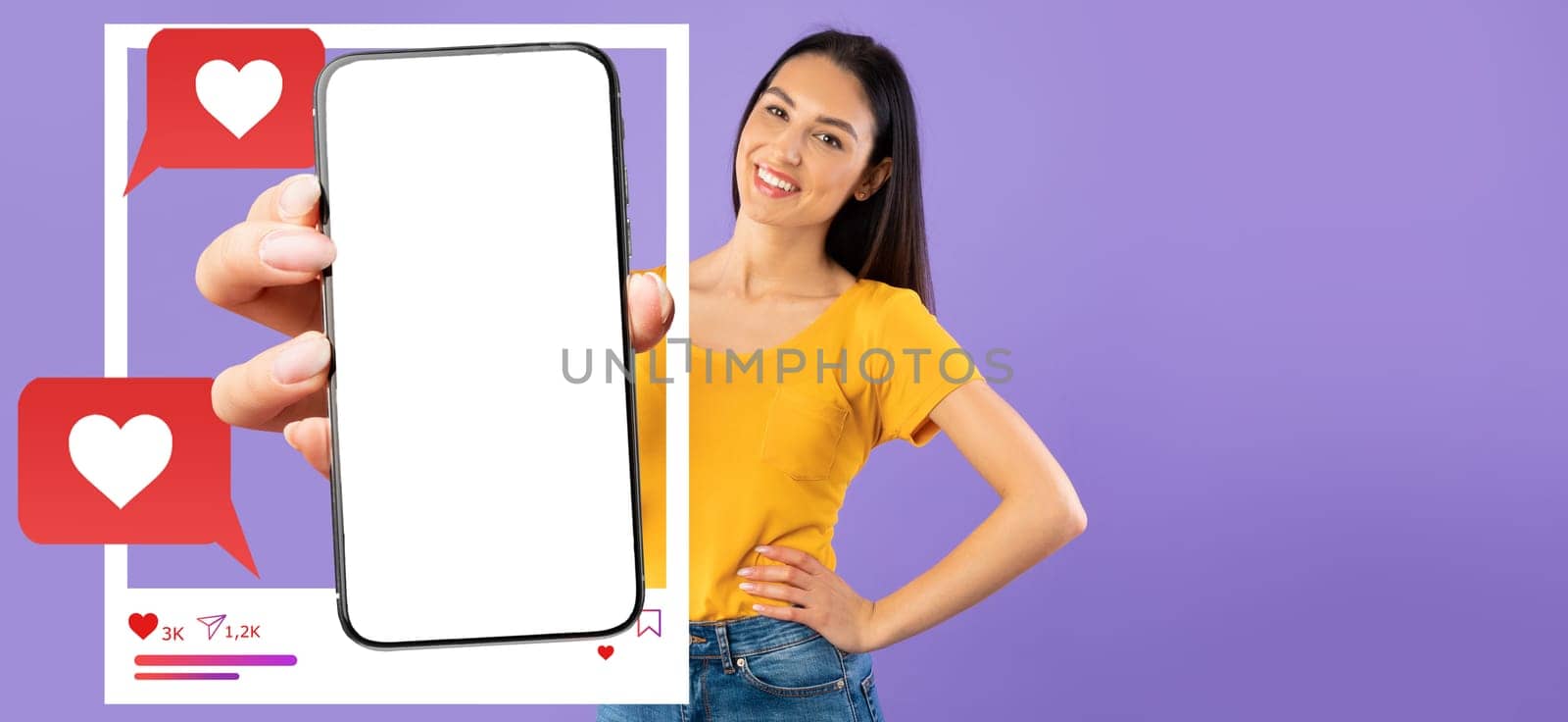 An influencer stands against a solid purple background, holding a smartphone with a blank screen. Chat bubbles and love icons indicate social media interaction and online messaging.