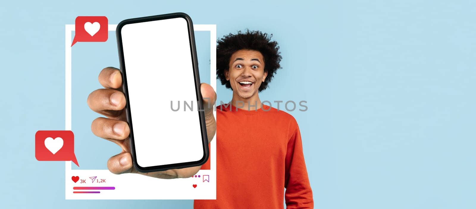 A cheerful influencer holds a smartphone with a blank screen, representing social media engagement. The backdrop is a simple light blue, accentuating the smartphone and messaging icons.