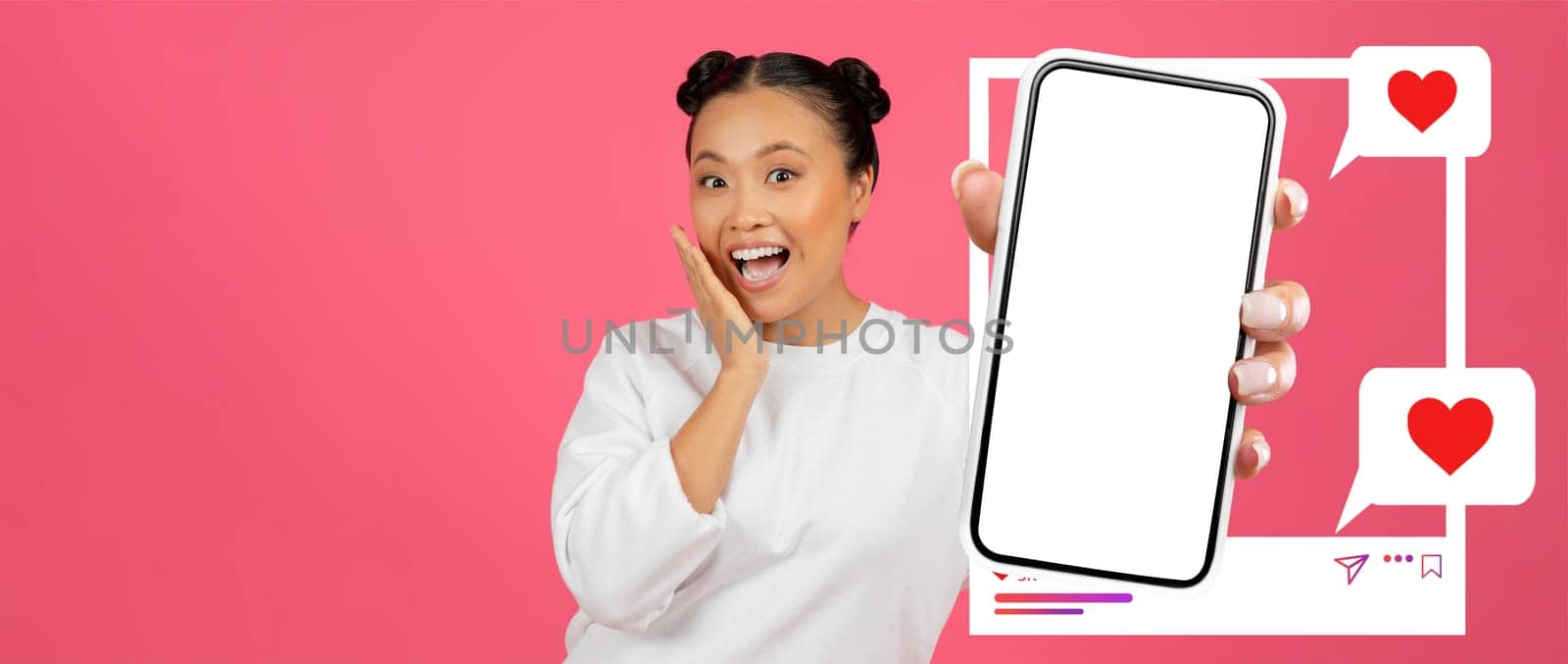An influencer happily displays her smartphone with a blank screen, surrounded by floating hearts and chat bubbles, highlighting her excitement for online interaction and social media engagement.