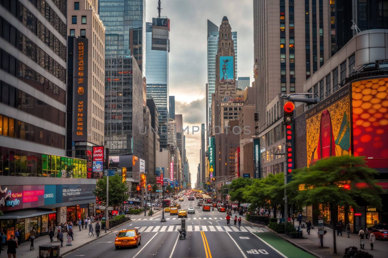 Crowds gather along a bustling modern City street as colorful billboards light up at sunset, showcasing the metropolitan energy and activity. Generative AI.