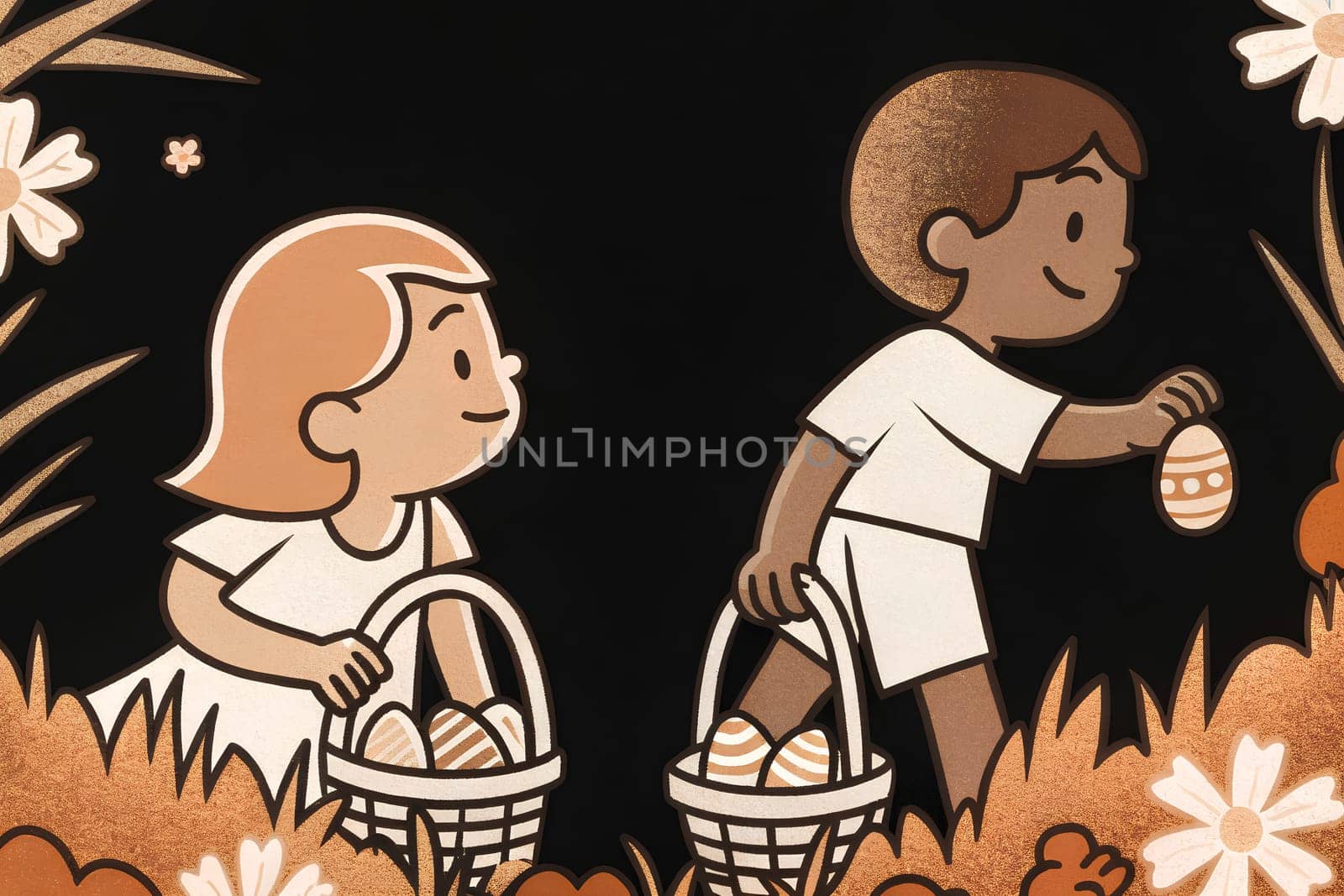 Two children happily collect decorated Easter eggs in a lush garden filled with flowers. The lively atmosphere captures the essence of spring celebrations. greeting card illustration - Generative AI.