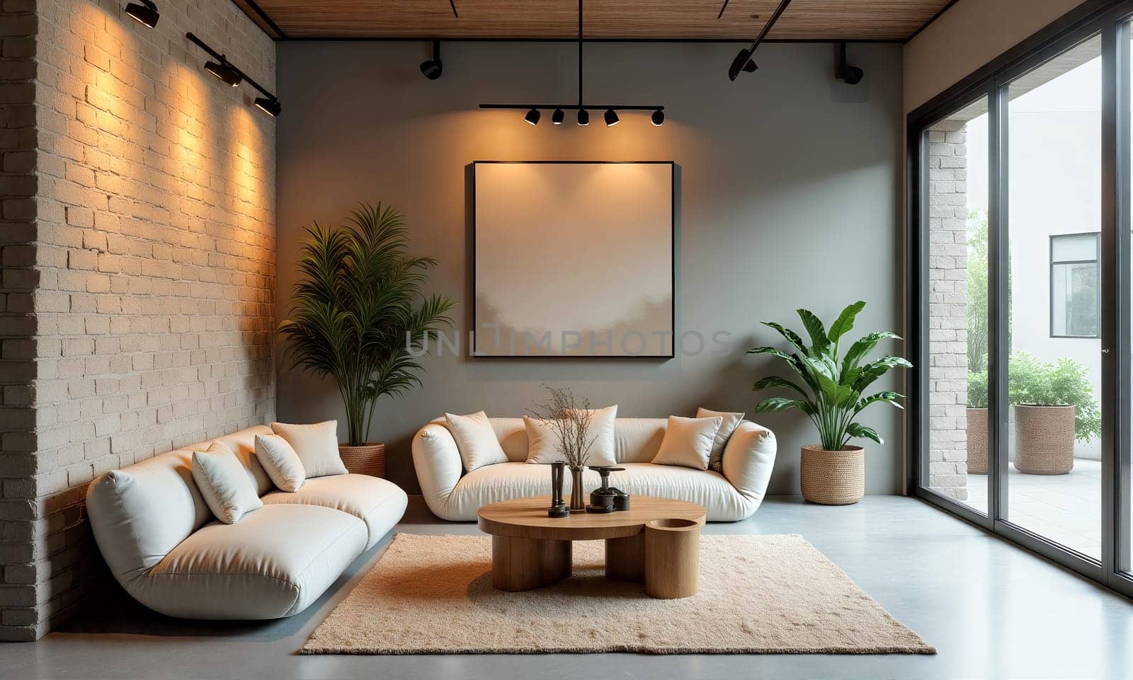 A cozy living room features a minimalist design with soft seating, a round wooden table, and lush indoor plants complemented by natural light - Generative AI