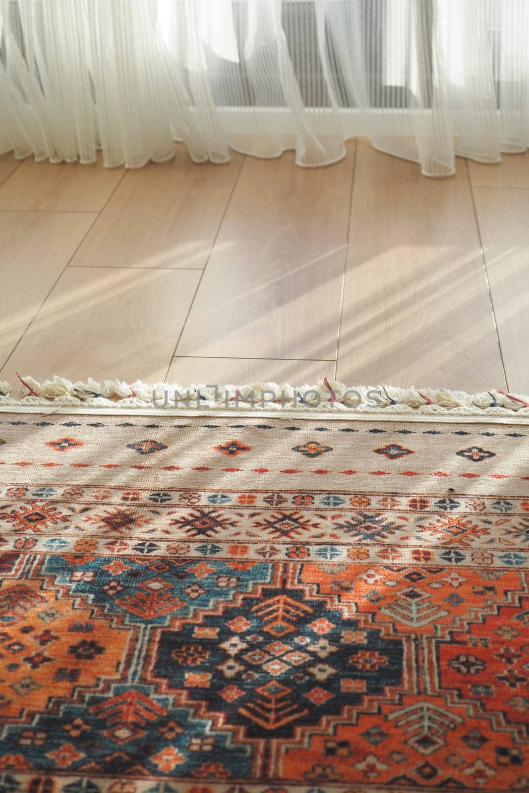 Soft sunlight casts shadows over a vibrant rug in a cozy room.
