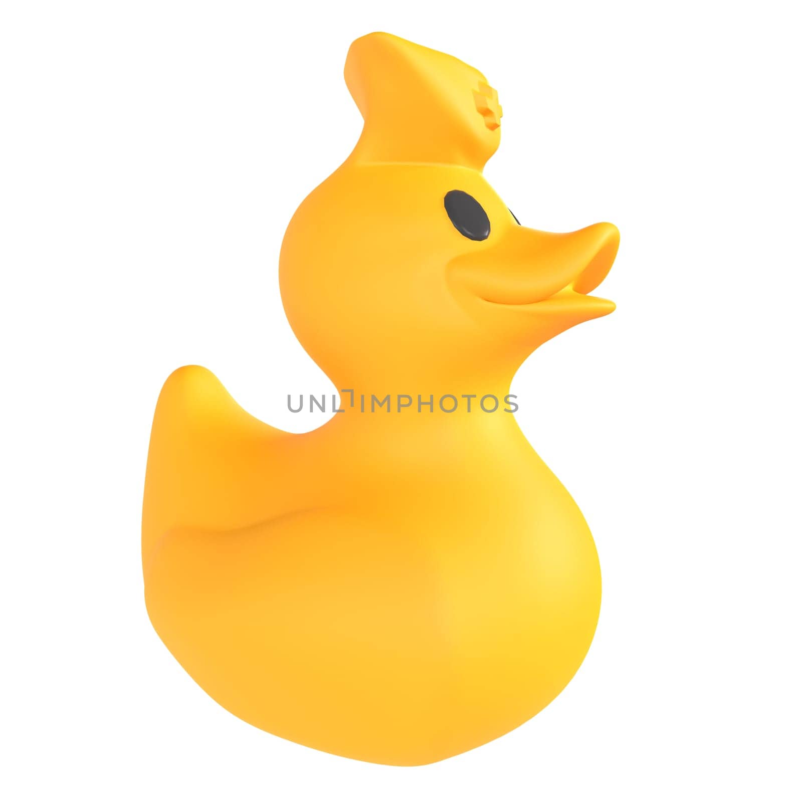 A cheerful yellow rubber duck toy with a smooth, rounded surface and black eyes sits still.
