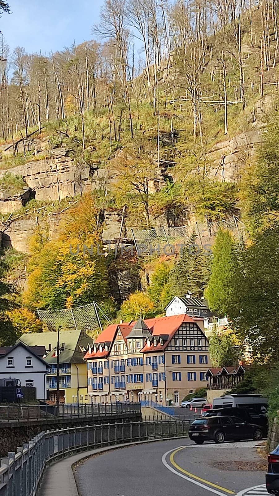 October 17 2024 Hrensko Czech Republic Europe Colorful hillside houses city centre town architecture street building autumn nature tree shotlisttravel travel tourism . High quality photo hotel hotels