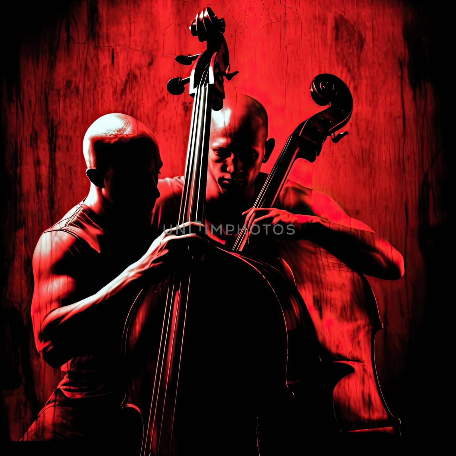 Double bass player with cello on grunge background, toned - AI Generated