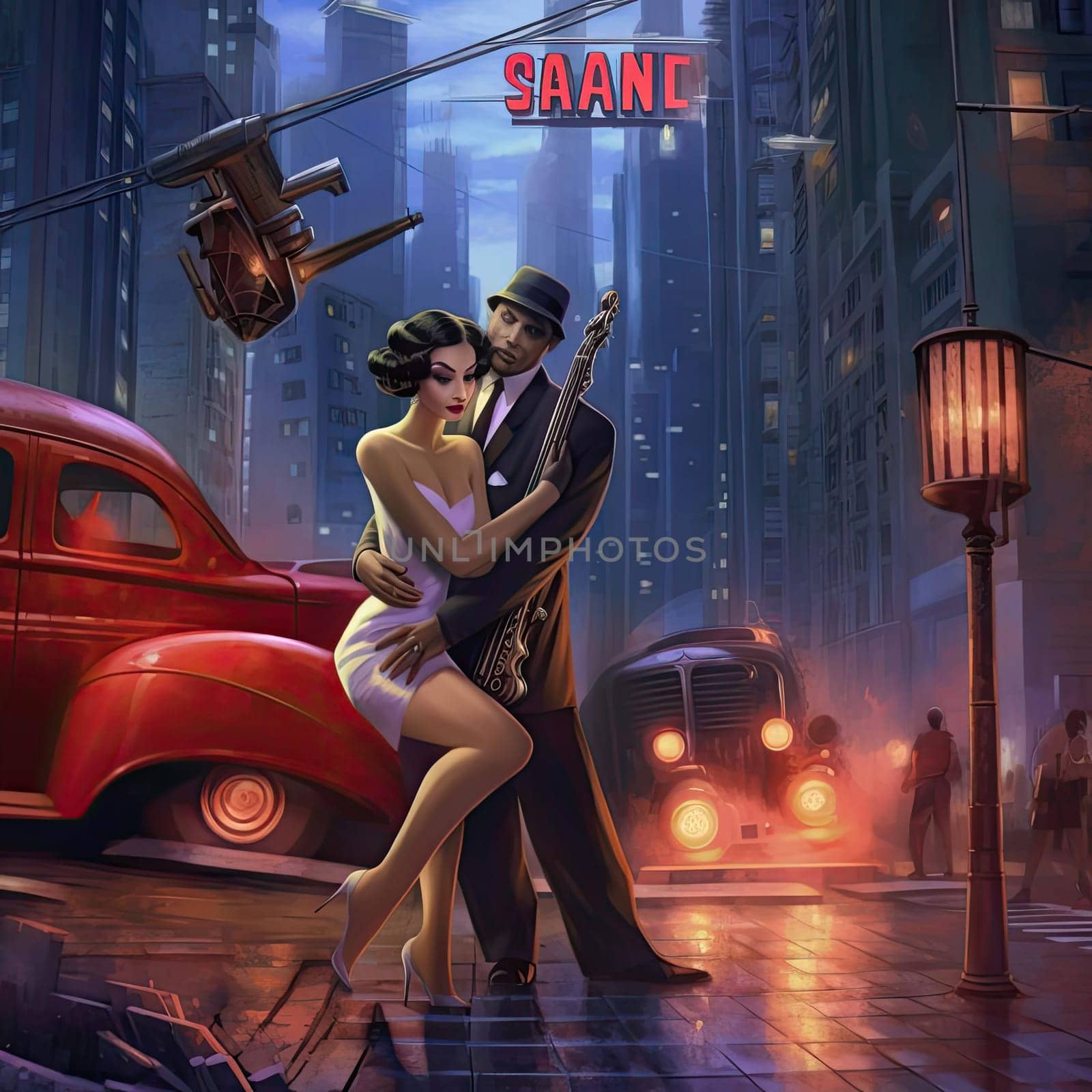 Retro couple in love in the city. 3D illustration. - AI Generated