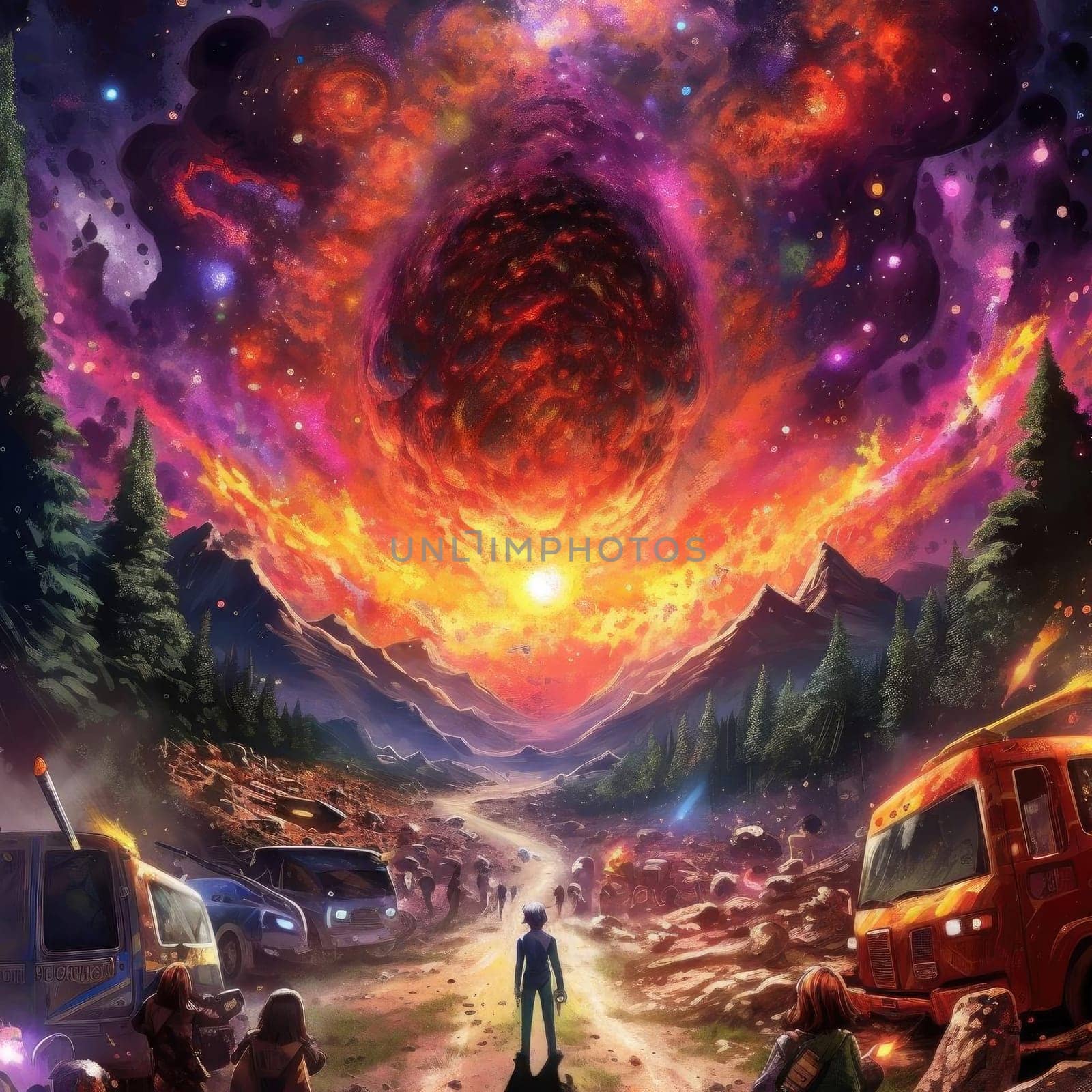 Fantasy scene with a man standing in the middle of a desert road - AI Generated