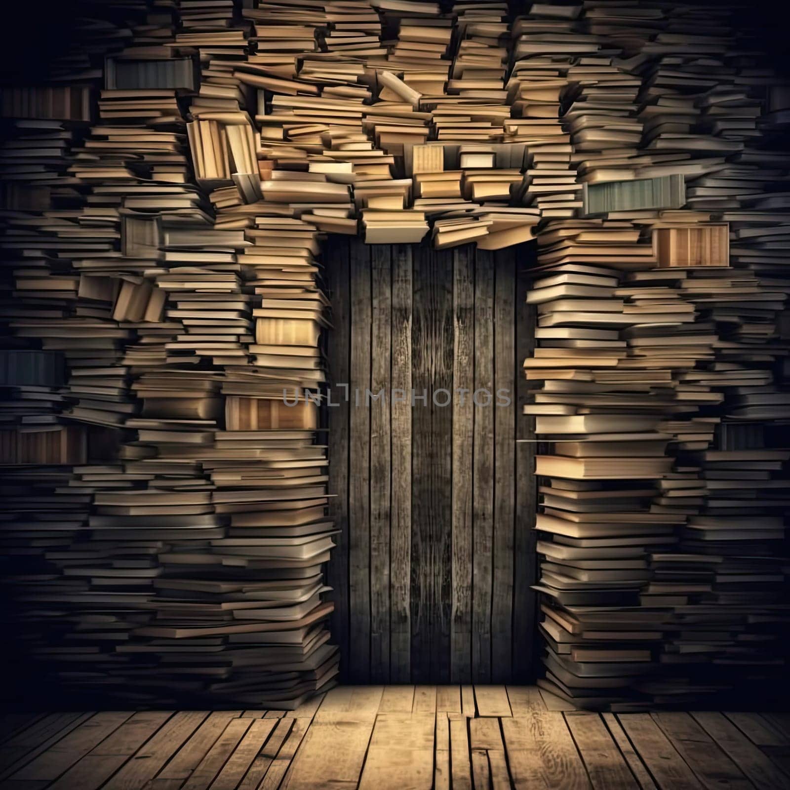 Old wooden door and stack of books. 3d render illustration - AI Generated