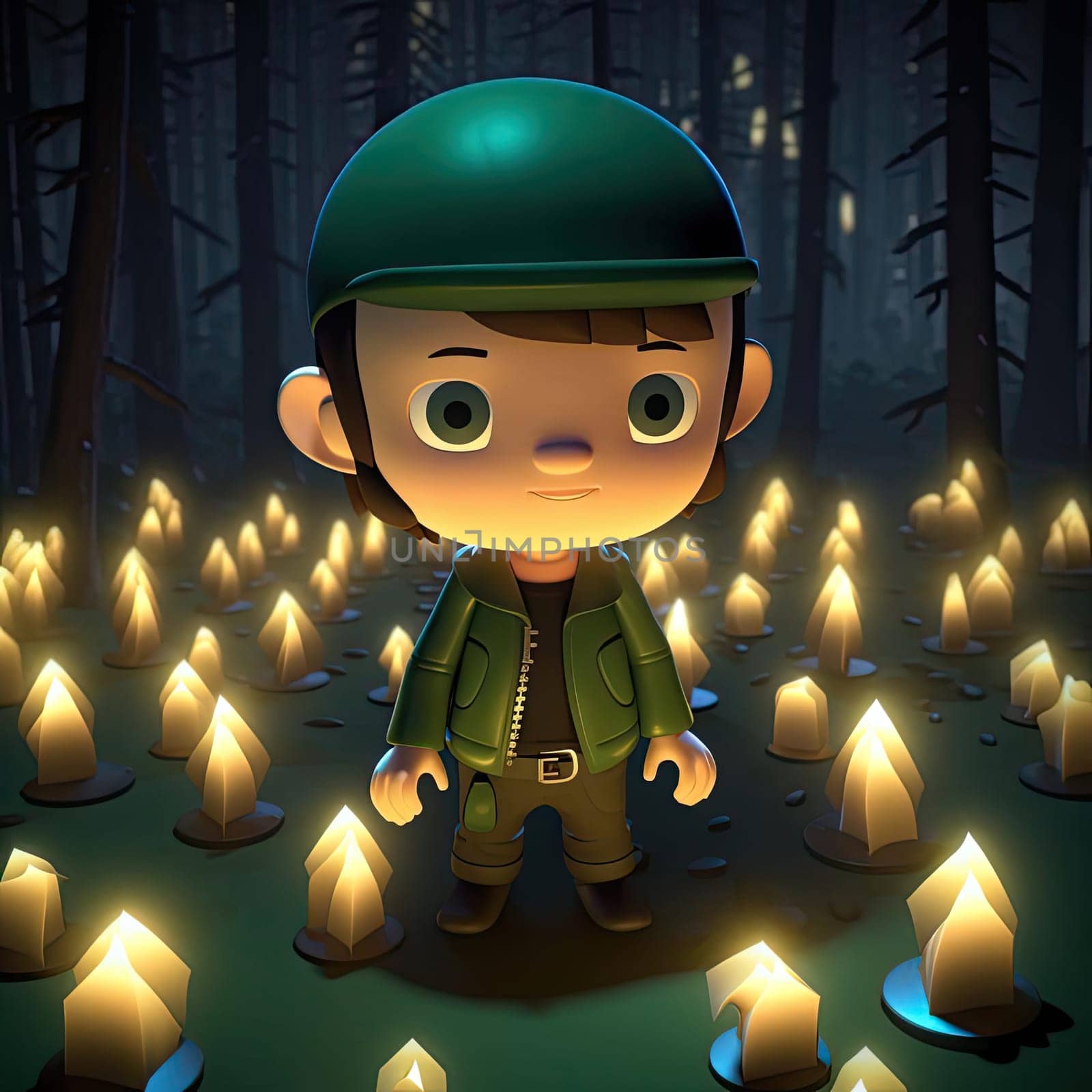 Cute boy in the forest with candlelight - 3d illustration - AI Generated