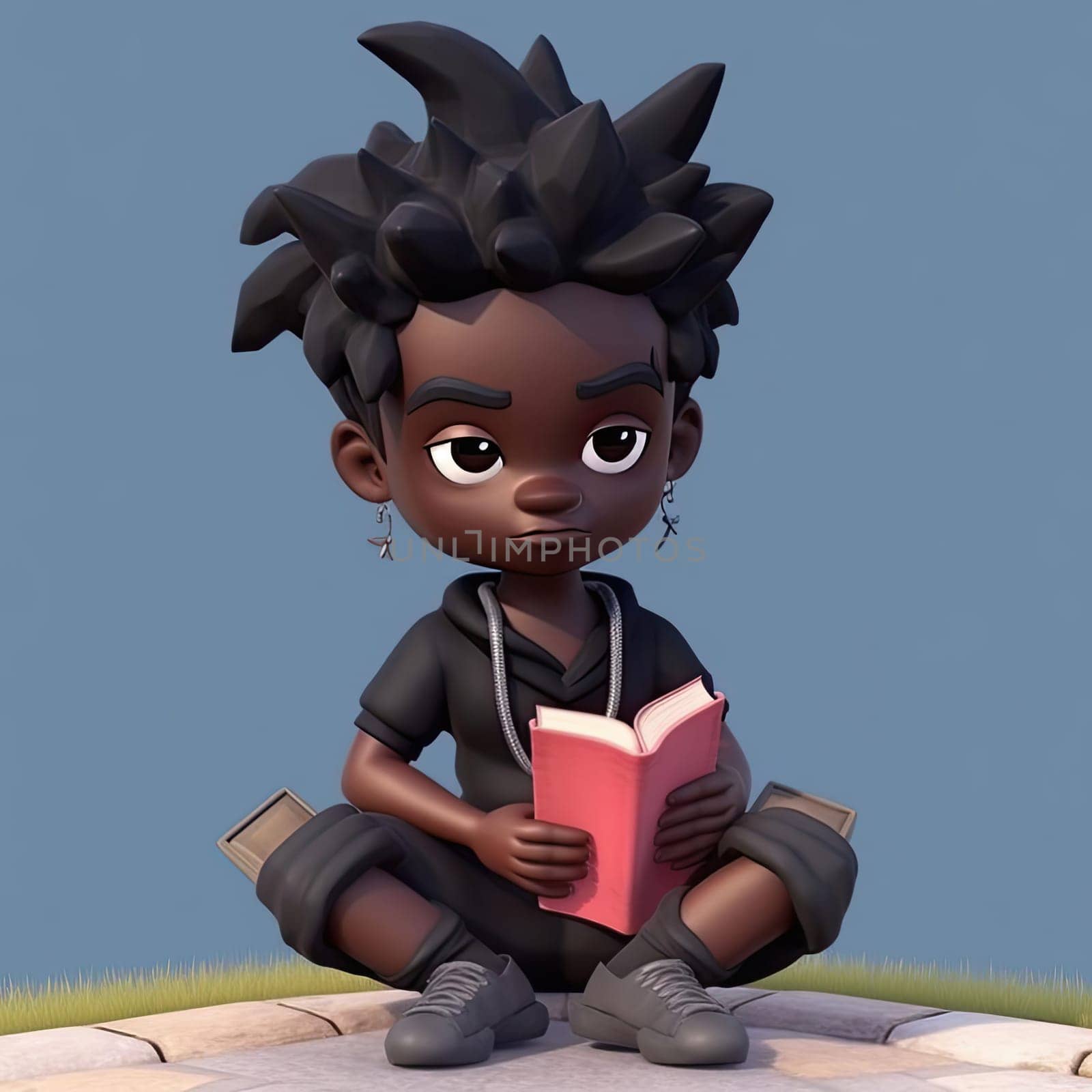3D Render of a Little African American Boy reading a book in a park - AI Generated